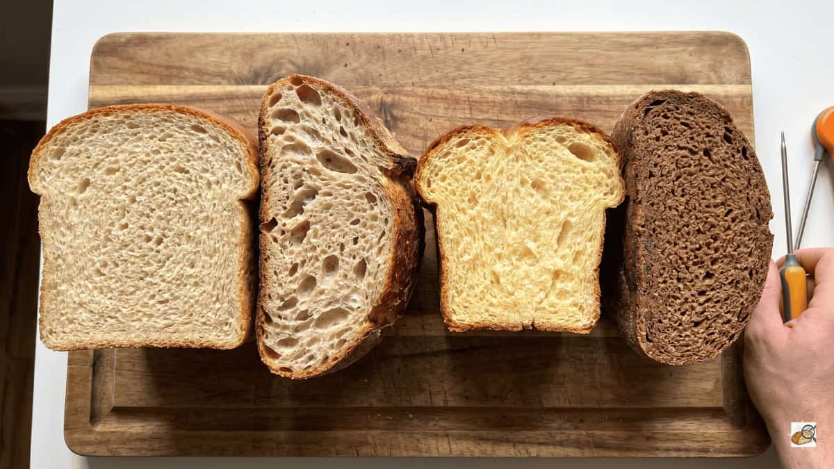 Four bread types side by side — sandwich loaf, sourdough boule, brioche, and rye — each sliced to show crumb structure and doneness at target temperature