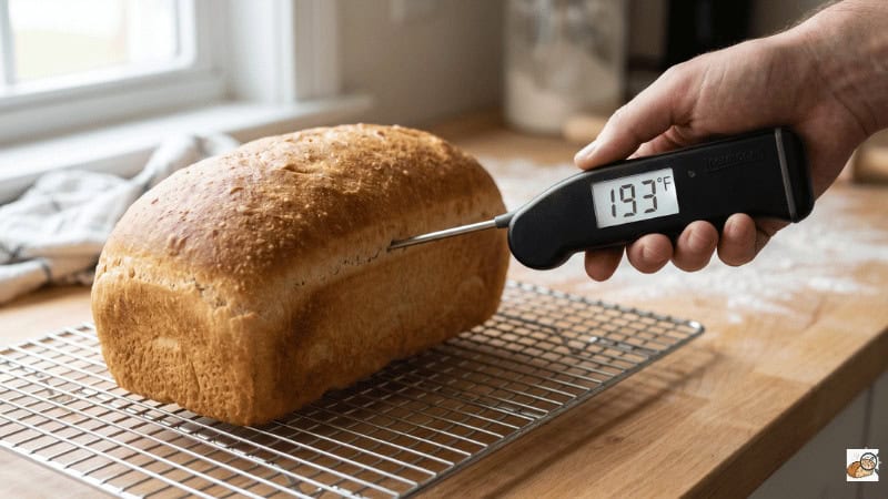 ThermoWorks Thermapen probe inserted through the side of a sandwich loaf at the thickest point, showing 193°F