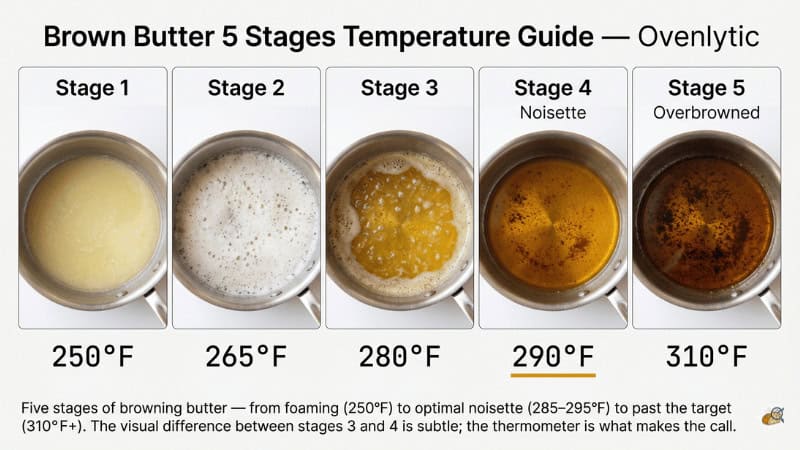 Five stages of brown butter from foaming to noisette to overbrowned with temperature labels — Ovenlytic Science Lab