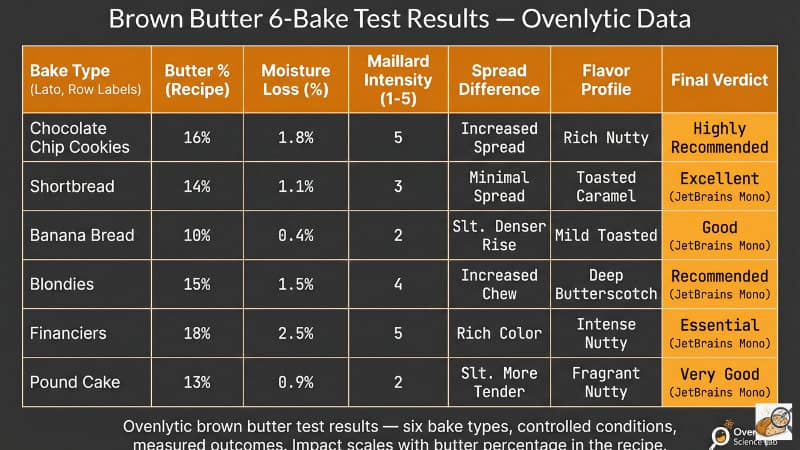 Brown butter baking test results across six recipe types — Ovenlytic Science Lab data table