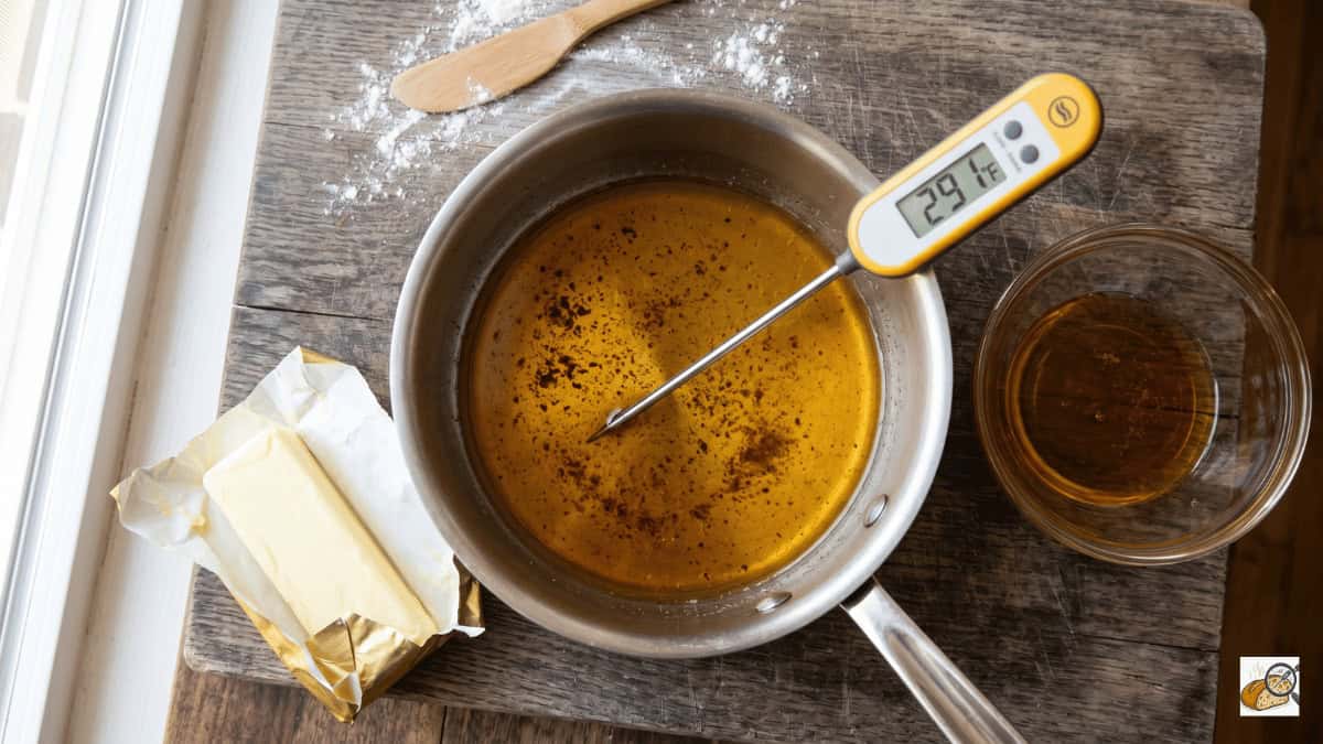 Browning butter in stainless saucepan with probe thermometer at noisette stage — Ovenlytic brown butter baking science lab