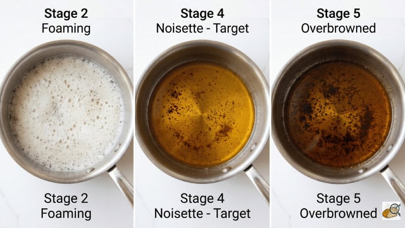 Three-panel brown butter progression from foaming to noisette to overbrowned — Ovenlytic Science Lab process sequence