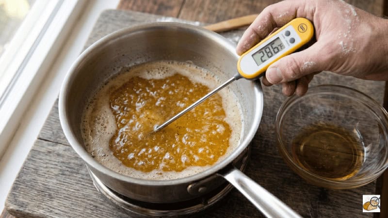 Hand holding probe thermometer over browning butter pan showing 286°F — Ovenlytic brown butter step-by-step method