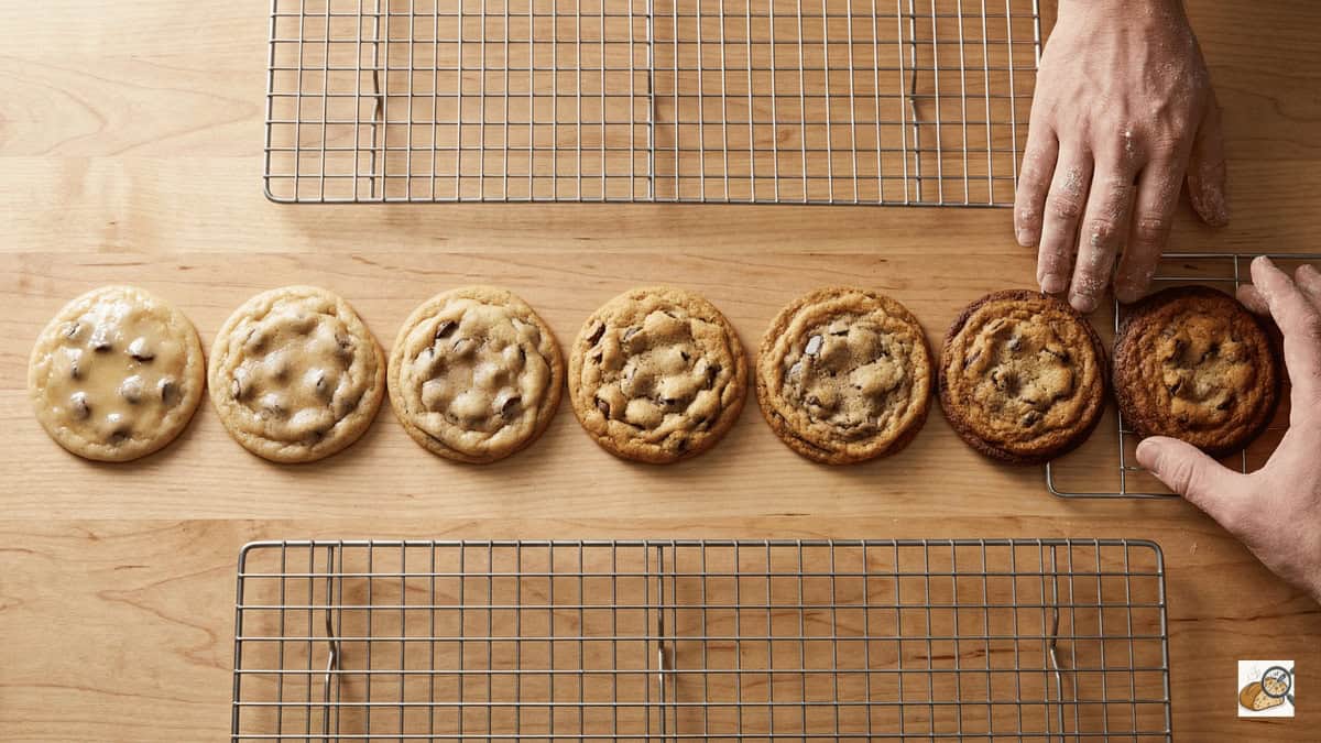 Seven chocolate chip cookies lined up side by side, each pulled at a different bake time showing progressive doneness stages from glossy to overbaked