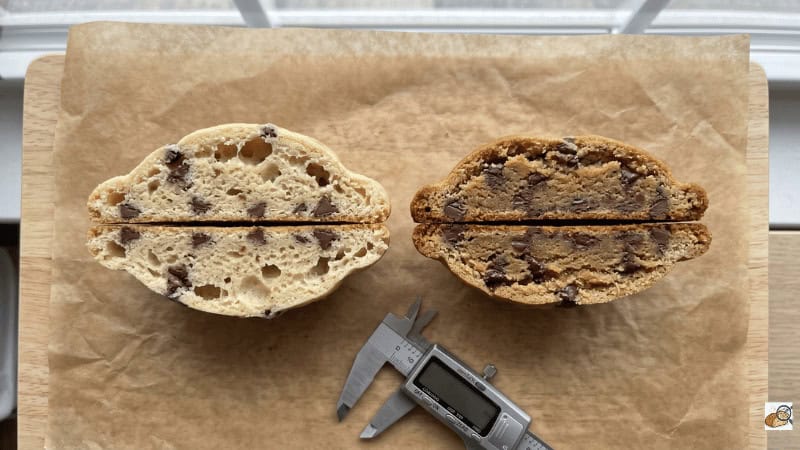 Cross-section comparison regular butter vs brown butter chocolate chip cookies — Ovenlytic side-by-side lab test