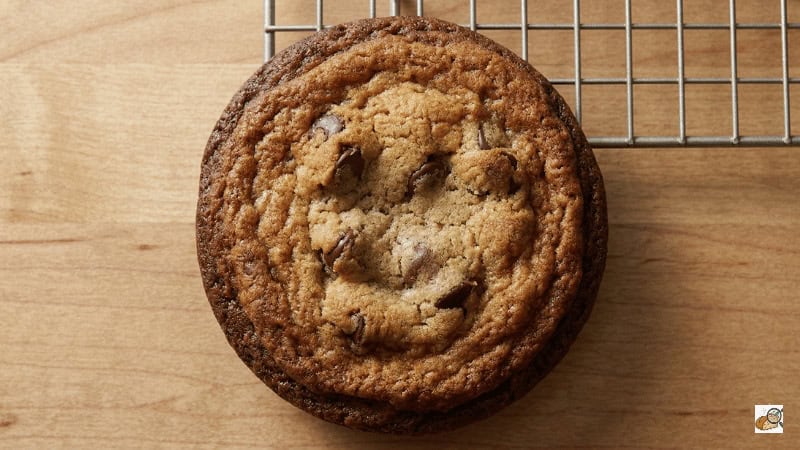 Cookie at 14 minutes: overbaked stage, dark amber to brown edge, loss of moisture