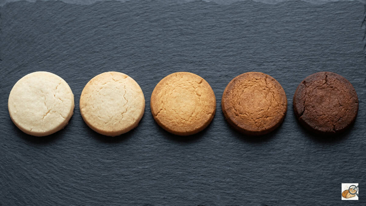 Five stages of baking browning side by side from pale ivory to past peak, photographed on slate with natural light — a visual guide to the golden brown spectrum