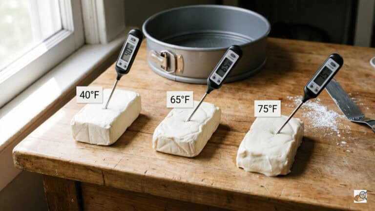 Three cream cheese blocks at 40°F, 65°F, and 75°F with thermometer probes — no-bake cheesecake temperature test setup