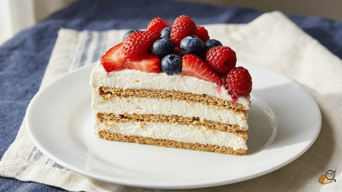 4th of July berry icebox cake slice with triple-berry topping — clean mascarpone layers after 24h refrigeration