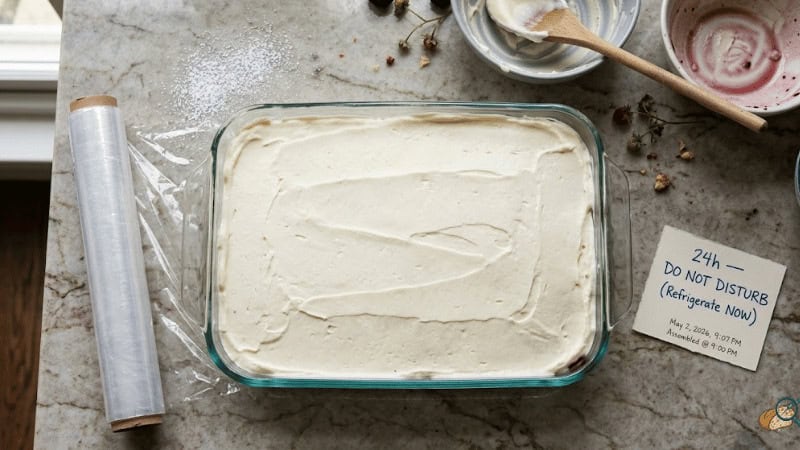 Assembled 4th of July berry icebox cake ready for 24-hour refrigeration — smooth mascarpone top layer in 9x13 dish