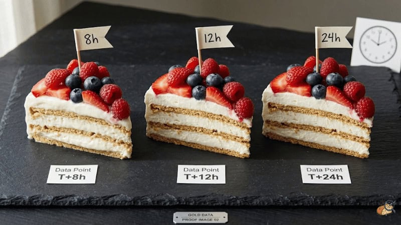 Cross-section comparison of 4th of July icebox cake at 8h, 12h, and 24h refrigeration — graham and cream cheese layer definition