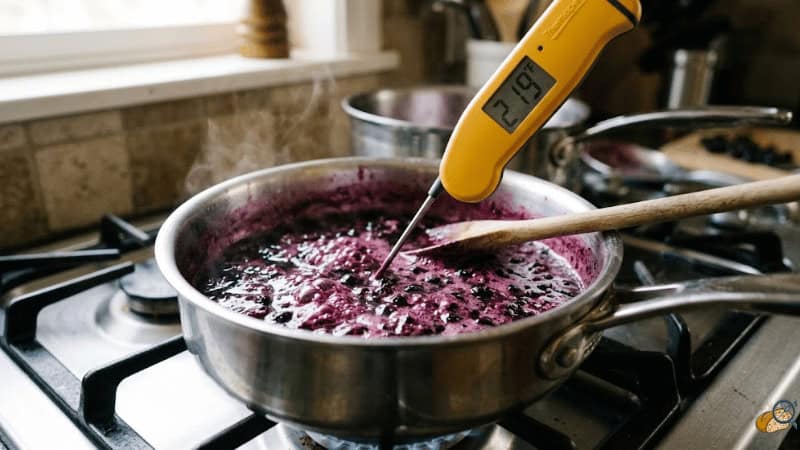 Black currant compote at 219°F gel set temperature — instant-read thermometer visible, deep purple color, active bubbling