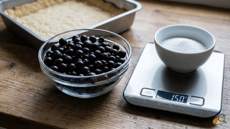 Fresh black currants and 150g of weighed sugar for Ratio B pectin:sugar balance — heat-stable crumble bars — McCormick 2026 Flavor of the Year