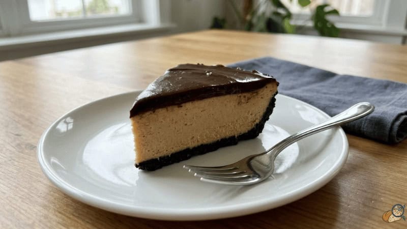Father's Day no-bake chocolate peanut butter pie slice with clean cut — Ratio B 1:1 formula result