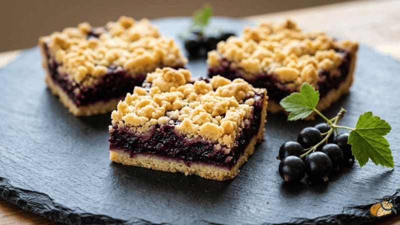 Heat-stable black currant crumble bars — clean cut showing deep purple compote filling and golden shortbread crumble — Ratio B result