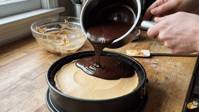  Pouring cooled chocolate ganache over no-bake peanut butter pie filling — process shot showing firm PB filling