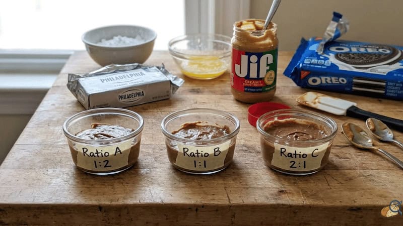 hree no-bake chocolate peanut butter pie ratio test setups — Ratio A 1:2, Ratio B 1:1, Ratio C 2:1 cream cheese to peanut butter