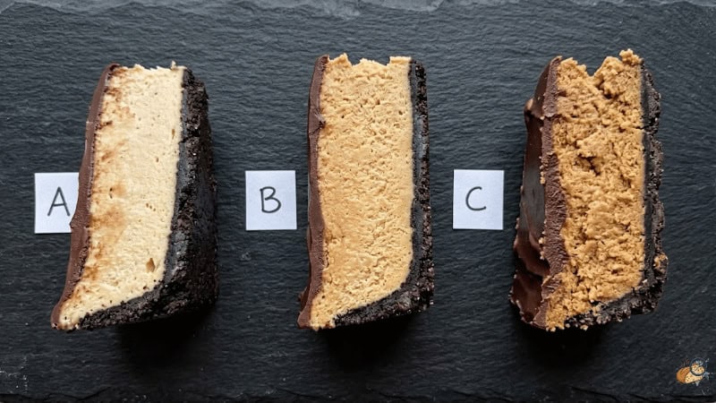Cross-section comparison of 3 peanut butter to cream cheese ratios in no-bake chocolate pie after 12h refrigeration