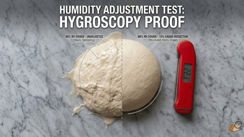 Bread dough comparison showing humidity-adjusted hydration reduction result — ovenlytic.com