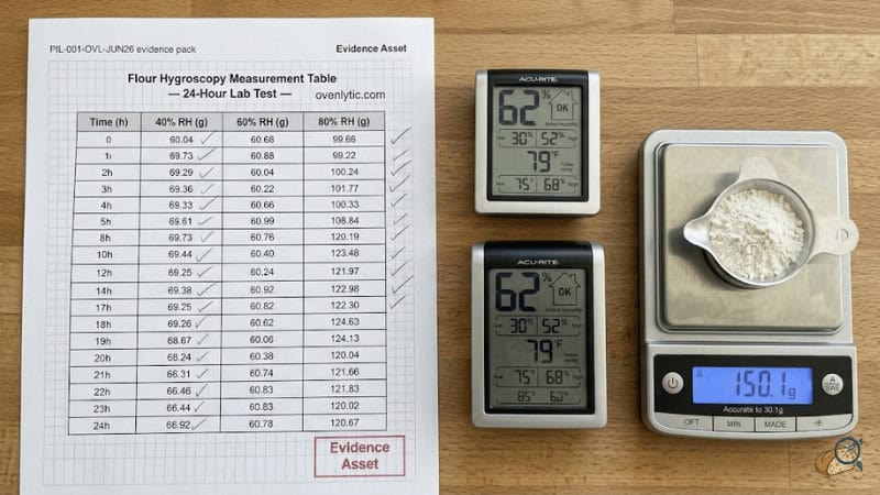 Lab data table showing flour moisture absorption at different relative humidity levels