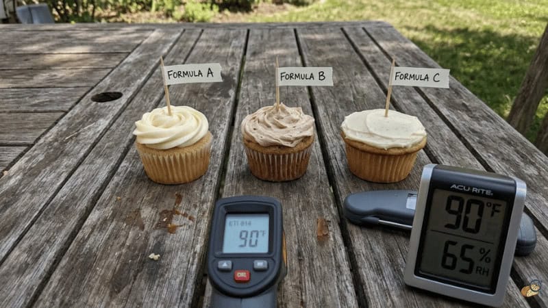 Outdoor hold test setup — three frosted cupcakes labeled by formula, with ETI 814 infrared thermometer and AcuRite hygrometer confirming 90°F ambient temperature and 65% relative humidity