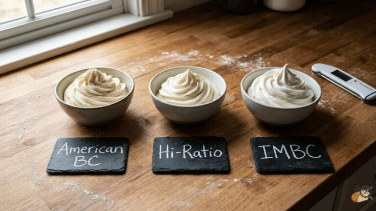 Three frosting types — American buttercream, hi-ratio shortening, and Italian meringue buttercream — in labeled bowls on a wooden countertop