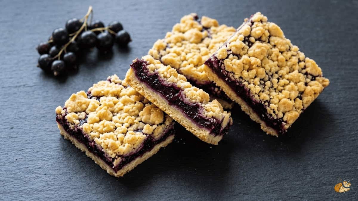 Heat-stable black currant crumble bars — firm purple compote filling and golden shortbread crumble — McCormick Flavor of the Year 2026