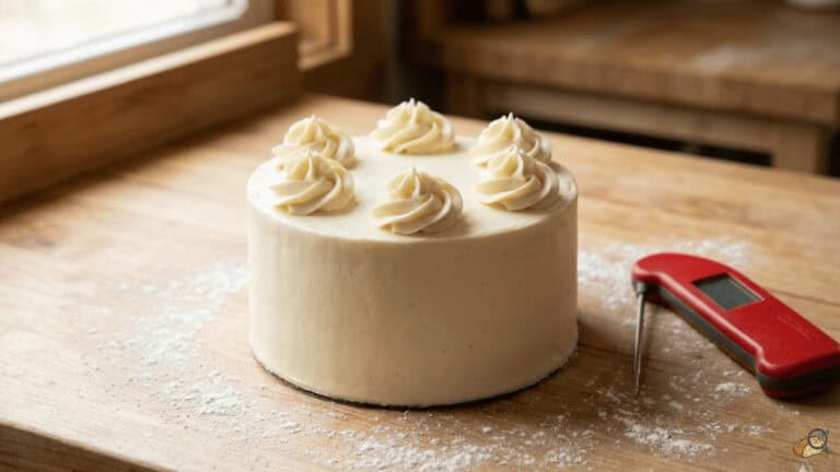 Italian meringue buttercream frosted cake with piped rosettes and ThermoWorks Thermapen on natural wood countertop