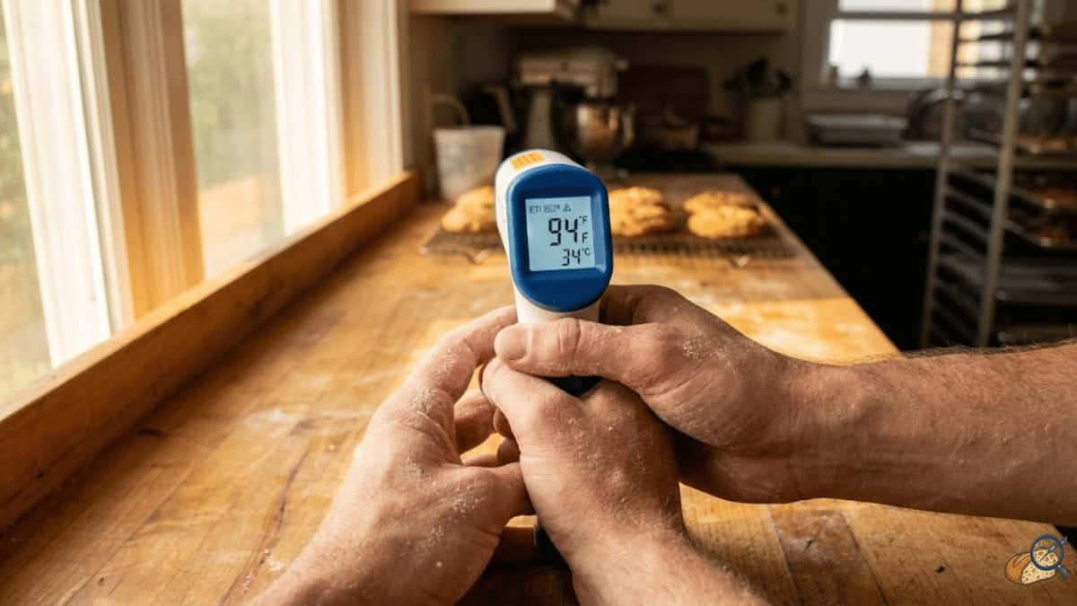 ETI 814 infrared thermometer measuring kitchen counter temperature at 94°F during summer baking test