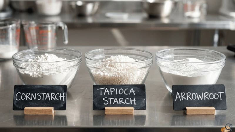 Three pie filling starches: cornstarch, tapioca, and arrowroot labeled in a baking lab setting