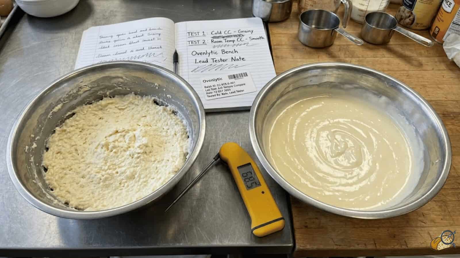 Side-by-side no-bake cheesecake fillings: lumpy cold cream cheese vs smooth cream cheese at correct temperature — ovenlytic.com lab test