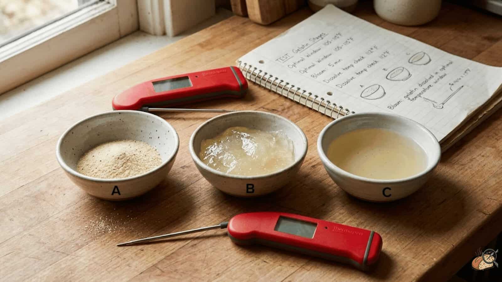 Three gelatin stages side by side: dry powder, bloomed, and dissolved at optimal temperature — ovenlytic lab test