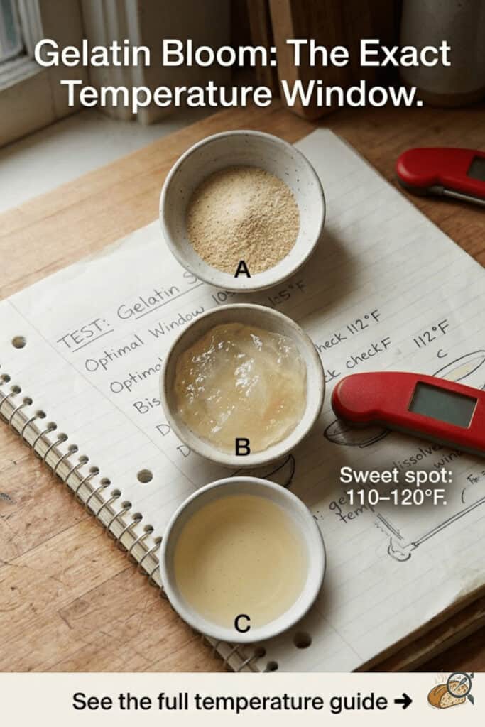 Gelatin bloom temperature guide for no-bake cheesecake — cold water bloom and 95 to 140°F dissolution window, tested