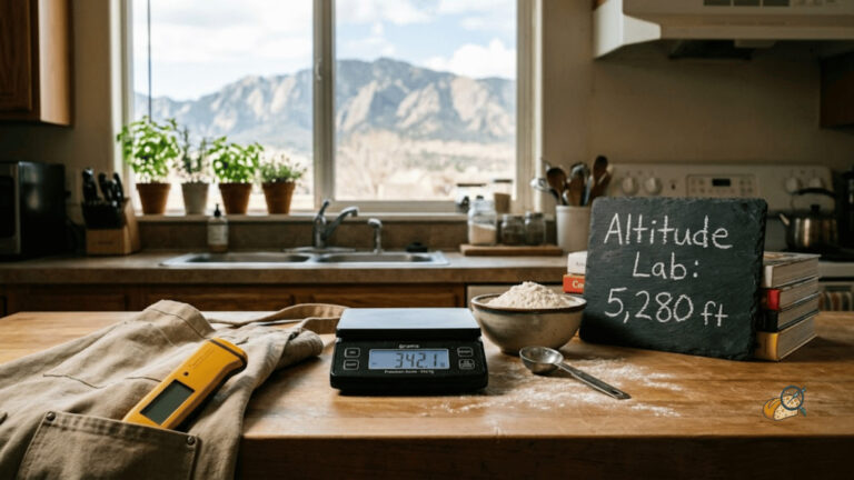 Kitchen workspace at 5,280 feet elevation with baking tools — Thermapen, digital scale, flour — and altitude chalkboard label