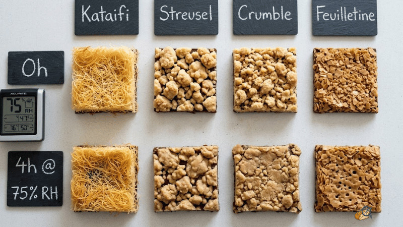 Four crispy topping structures — kataifi, streusel, crumble, feuilletine — compared at 0 hours and 4 hours at 75% relative humidity