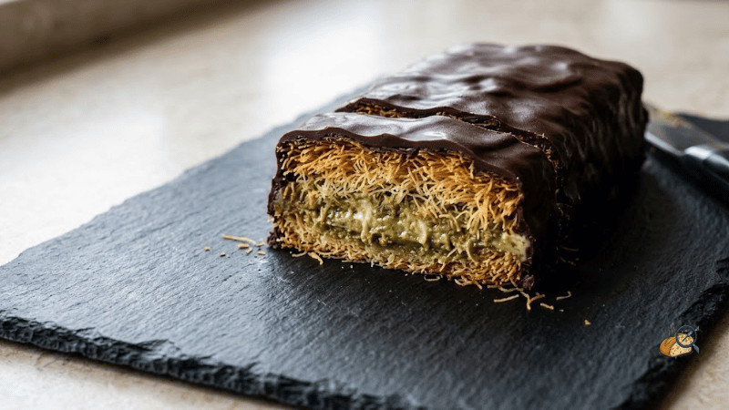 Kataifi dessert with tempered chocolate lipid barrier coating, crispy after four hours at summer humidity
