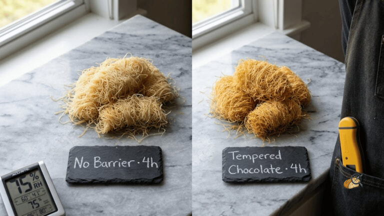 Kataifi topping side by side — no barrier versus tempered chocolate barrier, after four hours at 75% relative humidity