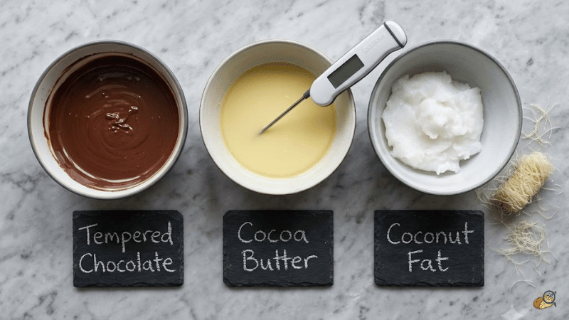 Three lipid barriers for kataifi and streusel crunch preservation — tempered chocolate, cocoa butter, and coconut fat