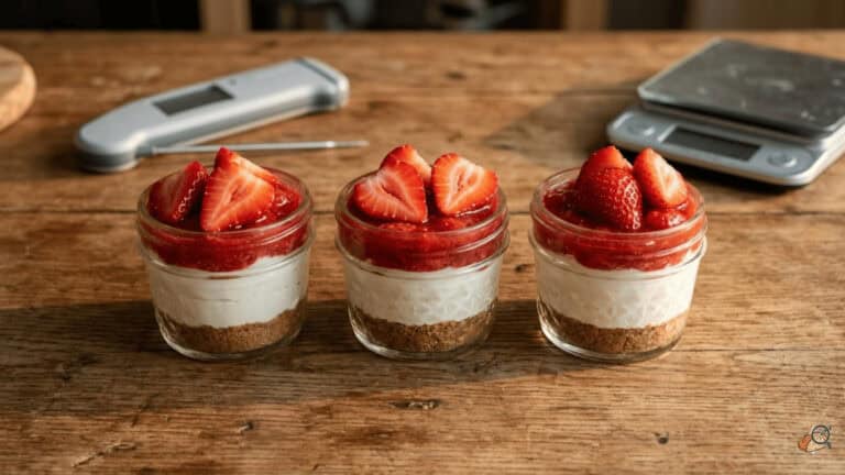 No-bake cheesecake jars with fresh strawberry topping showing three visible layers through the glass — tested by Nate at ovenlytic.com
