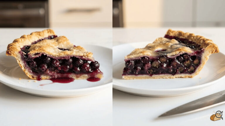 Cross-section of blueberry pie showing over-hydrated filling with pooling juice (left) versus correctly gelled filling (right) — summer starch comparison at ovenlytic.com