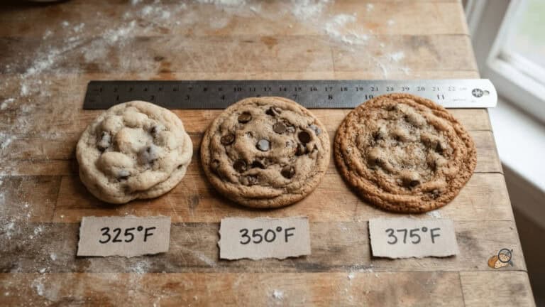 Three cookies from the same dough baked at 325, 350 and 375°F, lined up next to a ruler