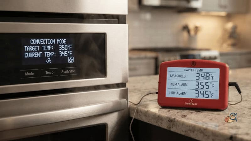 Oven display in convection mode next to a probe showing the measured cavity temperature