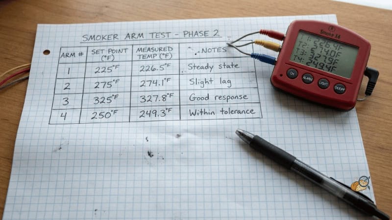 Handwritten log sheet recording set points and measured cavity temperatures for the four test batches