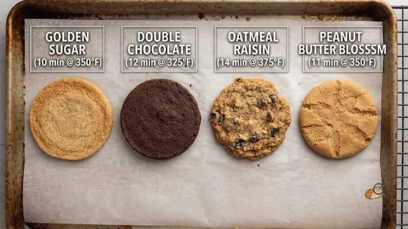 The undersides of the same four cookies, showing how bottom browning differed between modes