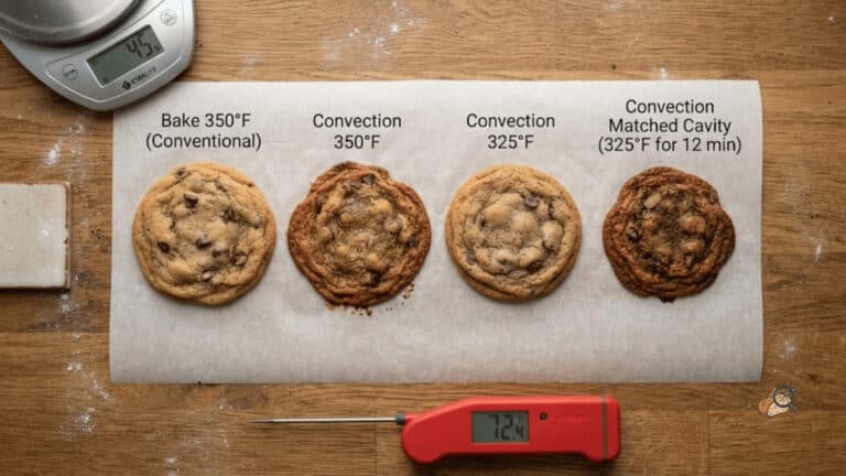 Four cookies from the same dough compared side by side after baking in bake mode and convection bake