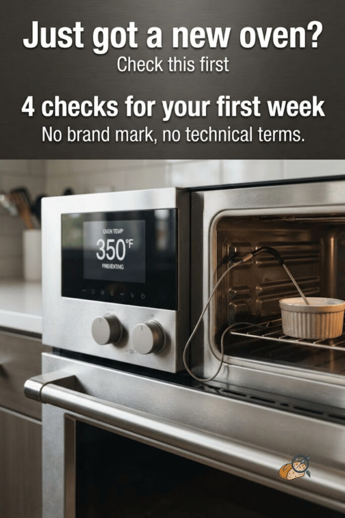 A new oven display next to a probe, with a first-week checklist overlay
