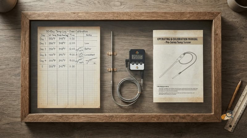 A handwritten log of oven readings taken over thirty days, next to the owner's manual