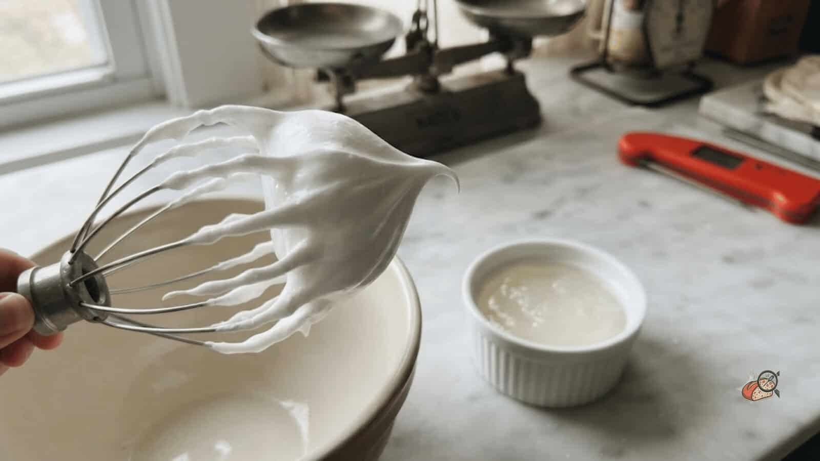 Glossy meringue beside a bowl of cooked cornstarch gel on a marble surface
