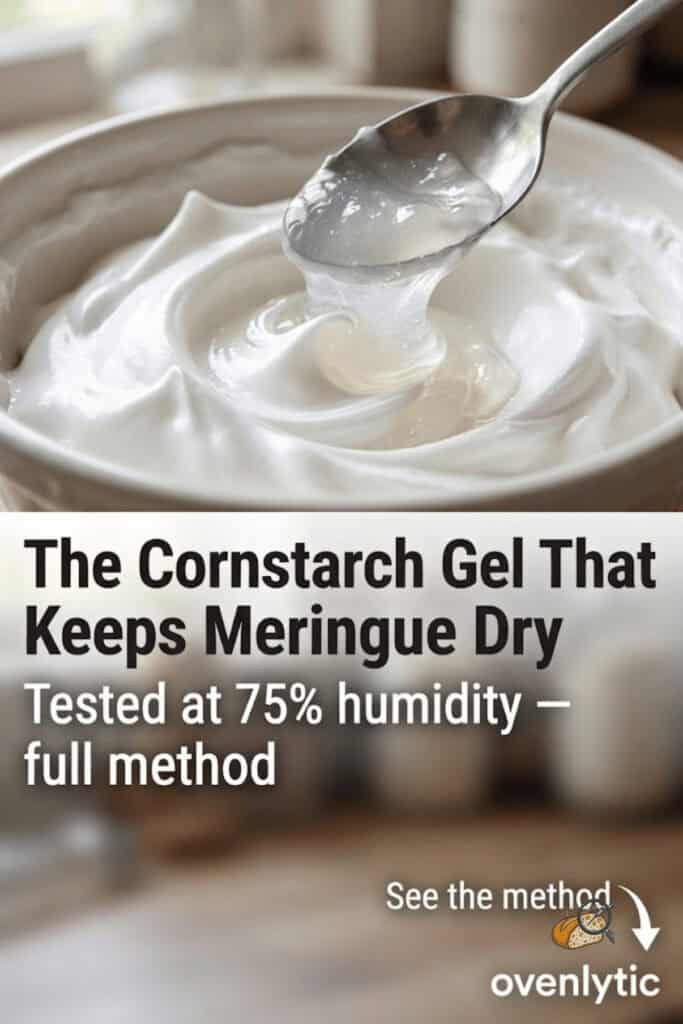 Pinterest pin: cornstarch gel method to keep meringue dry, tested at 75% humidity