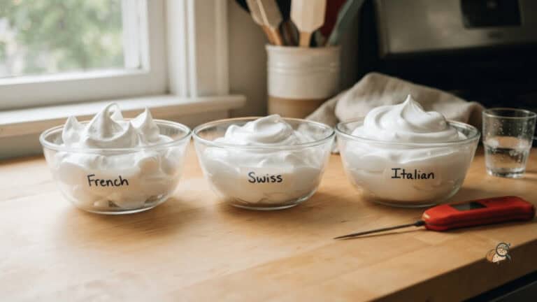 French, Swiss and Italian meringue whipped side by side in glass bowls on a humid summer day